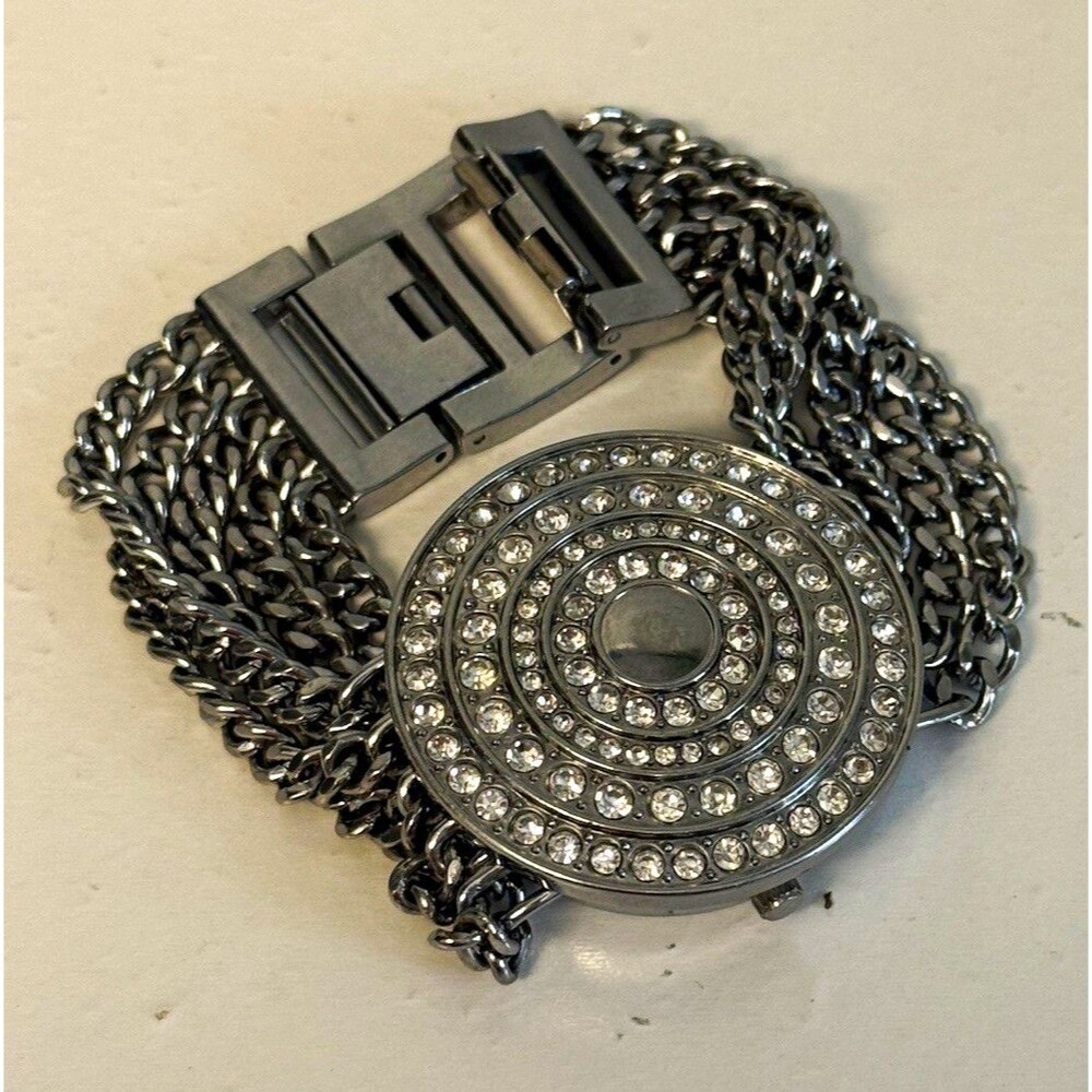Liz Claiborne LC1045 Secret Locket Cuff Watch Rhinestone Dial Multi-Strand Chain
